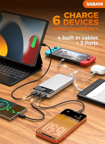 Image of Portable Charger 35000mAh Power Bank - Powerbank with 4 Built in Cables, 22.5W Fast Charging Travel Camping Essential Battery Pack Compatible with iPhone 17 16 15 14 13 Samsung Google, 1 Pack, Silver