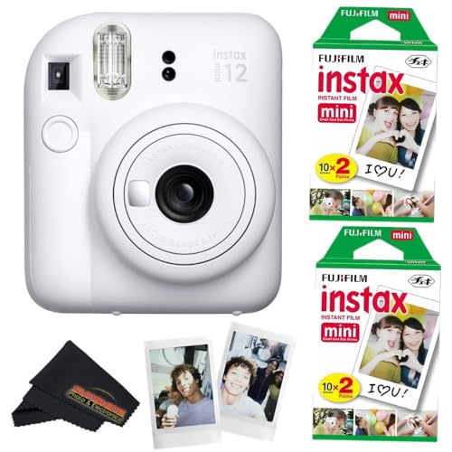 Fujifilm Instax Mini 12 Camera (Clay White) with Fujifilm Instant Mini Film (40 Sheets) Bundle with + Sunshine Photo Microfiber Cleaning Cloth