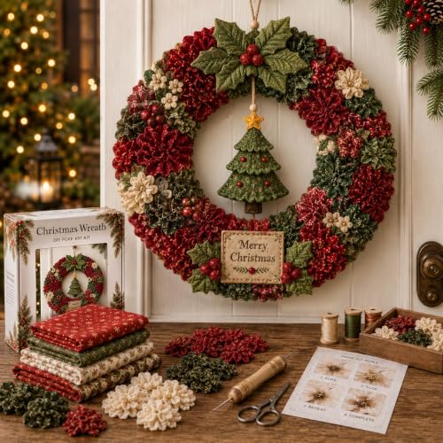 3D Fabric Poke Wreath DIY Kit,Christmas Wreath Making Kit for Beginner & Adults, No-Sew Fabric Craft Kit,DIY Holiday Decor, Handmade Christmas Art Project Gift,Tree