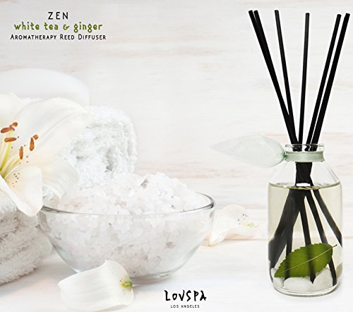 Lovspa Zen White Tea And Ginger Aromatherapy Reed Diffuser - Tranquil & Serene - With Citrus, Peony, Lavender, Geranium, Sandalwood & Musk - Best Gift Idea! Vegan. Made In The Usa #TOP5