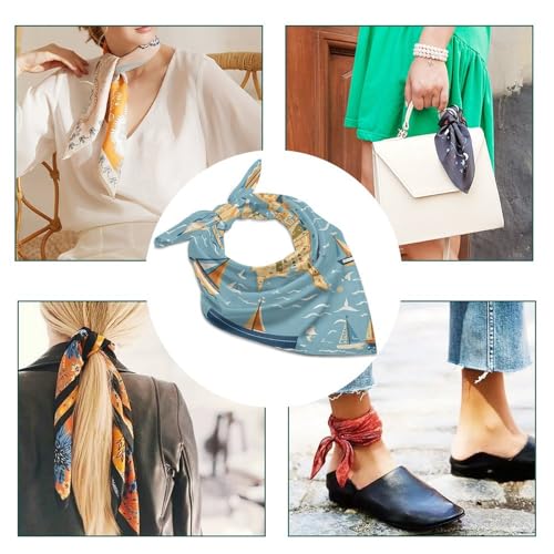 Satin Head Scarf Like Silk Hair Scarf Nautical Sailboat Map Headscarf Breathable Neck Scarfs Lightweight Kerchiefs Small Square Scarves Sleeping Wraps Women Bandana 18"×18"4