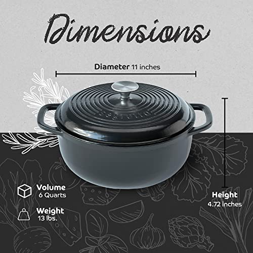 Segretto Cookware Enameled Cast Iron Dutch Oven With Handle, 6 Quarts, Nero (Black) Enameled Cast Iron Dutch Oven 6Qt | Dutch Oven Wedding Gift | Enamel Cast Iron Cookware | Comes With Silicone Pot Holders #TOP1