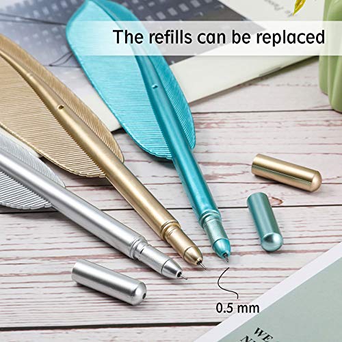 Zonon 6 Pieces Feather Pens Cute Ballpoint Pen Artificial Feather Black Gel Ink Pens Fun Rollerball Pens For Teachers Students Stationary School Office Supplies, Blue, Gold, Silver #TOP2