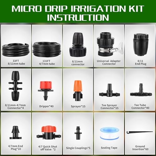 164FT 190 Pcs Drip Irrigation Kit,Garden Irrigation System 1/4\" 1/2” Blank Distribution Tubing Watering Drip Kit Automatic Irrigation Equipment for Garden Greenhouse, Flower Bed,Patio,Lawn (164 FT)
