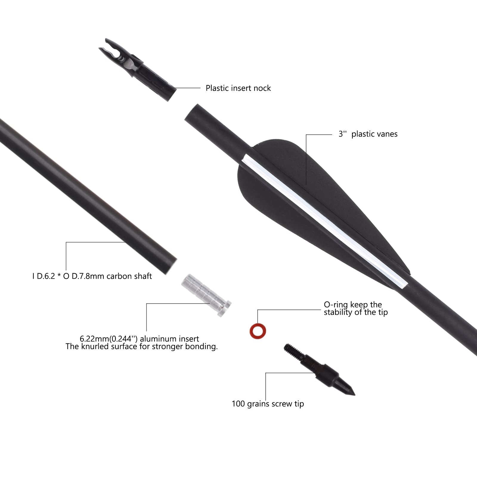 NIKA ARCHERY 12 Frecce per tiro con L'Arco 28 30 31 Pollici Frecce in Carbonio da Frecce da Caccia per Adulti 500 Frecce per Arco della Colonna vertebrale per Arco ricurvo Arco Composto Arco Lungo