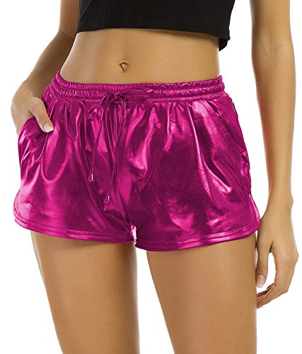 Tandisk Women s Yoga Hot Shorts Shiny Metallic Pants with Elastic Drawstring Rose Red S
