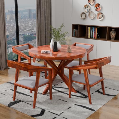 Image of ONIJA Solid Sheesham Wood 4 Seater Dining Table Set with Cushioned Chairs for Dining Room | Living Room | Home & Office | Hotels Restaurant & Cafe (4 Seater, Honey Finish)