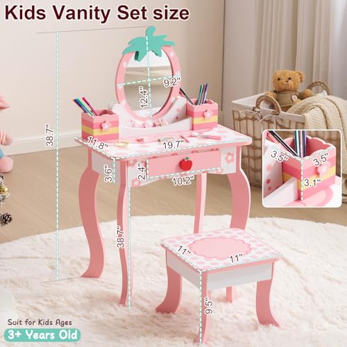 Image of Vanity Set,ShyneeMakeup Dressing Vanity Set Wooden Princess Makeup Table with Cushioned Stool,Drawer,Wooden Legs and Mirror, Make Up Dressing Play Set for Girls (Pink Red)