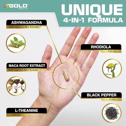 Ashwagandha 5,000mg + Maca Root Black, Red, Yellow 4,000mg, Rhodiola & L-Theanine: 30:1 Extract Ashwagandha Capsules, 20:1 Extract Maca Root Capsules - Supplement for Men and Women - Thumbnail 5