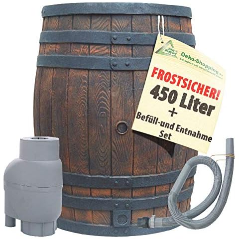 AMUR REGENTONNE REGENFASS WASSERFASS REGENWASSERBEHÄLTER REGENWASSERFASS GARTENFASS (Eichenfass 450l inkl. T33 und Entnahmeset Grau) Cover