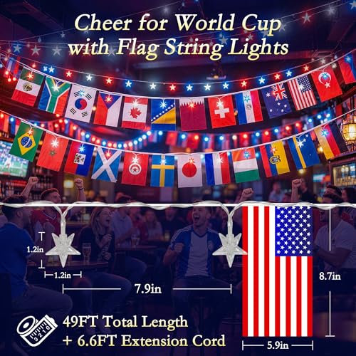 Soagrc 2026 World Cup Decorations String Lights, 49FT 75 LED Red White Blue Star Lights with 48 Country Flags, USB Powered Soccer Party Decor for World Cup, 4th of July, Sports Bar, Outdoor Indoor — view 3