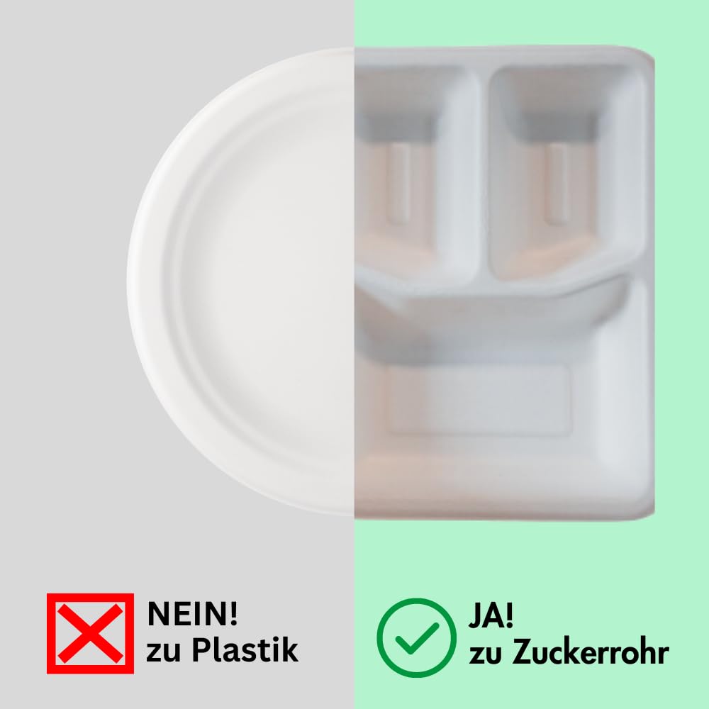 100 x Bio Menüboxen, 3-geteilt Snackboxen Foodbox XXL weiß Bagasse/Zuckerrohr nachhaltige Einwegboxen - Teller, Salatschale (24 cm X 18 cm X 5 cm in tiefe) kompostierbar
