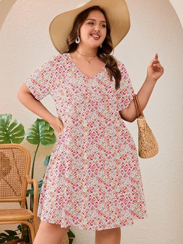 AusLook Plus Size Midi Dress for Women Pink Clustered Blooms 5X Short Sleeve Loose V Neck Summer Casual A Line Knee Length Work Outfit T Shirt 2026 Sundresses with Pockets — view 3