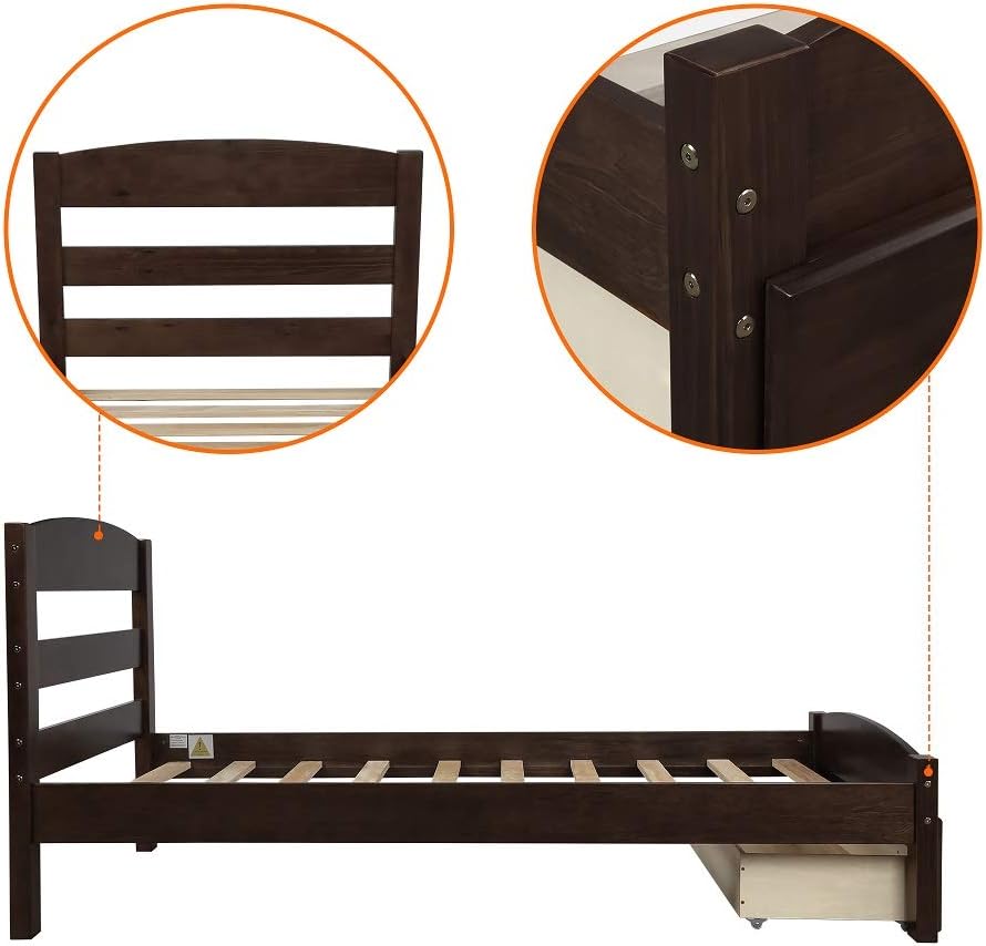 Merax. Platform Twin Bed Wood Frame with Storage/Headboard/Wooden Slat Support (Espresso)