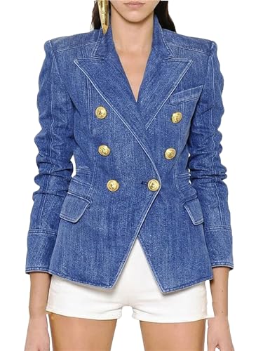 Women's Business Office Party Buttons Double Breasted Lapel Denim Blazer Jacket