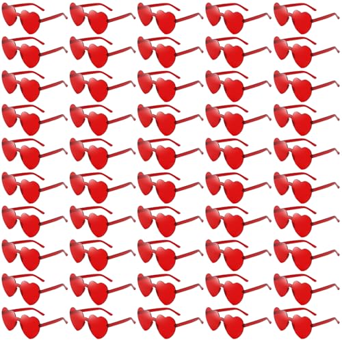 Geopty 50 Pack Red Heart Shaped Sunglasses Bulk, Wholesale Fun Rimless Heart Party Glasses for Adults Unisex