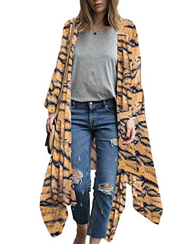 Women's Floral Print Puff Sleeve Kimono Cardigan Loose Cover Up Casual Blouse Tops S