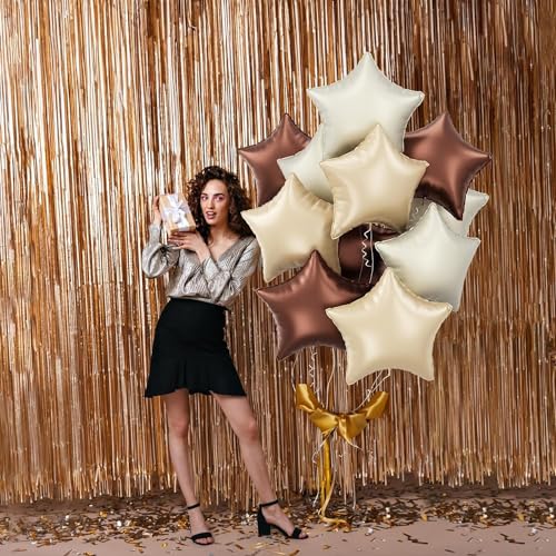 Image of Atpata Funky Boho Theme Foil Balloons - White Sand, Nude Cream, Tan Brown Caramel Shades - Stars and Hearts Shape - for Weddings, Birthdays, Baby Showers, and Party Decorations (18pcs, Stars)