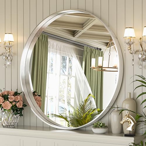 Suidia Wall Mirror, Silver Metal Frame Mirror 36 inch, Round Wall