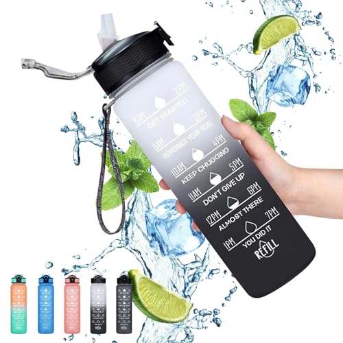 Gaiayhc Sports 1L Motivational Water Bottle with Time Marker and Straw, 30oz Leakproof Design for Hiking, Gym, Fitness, Outdoor, Cycling, School & Office
