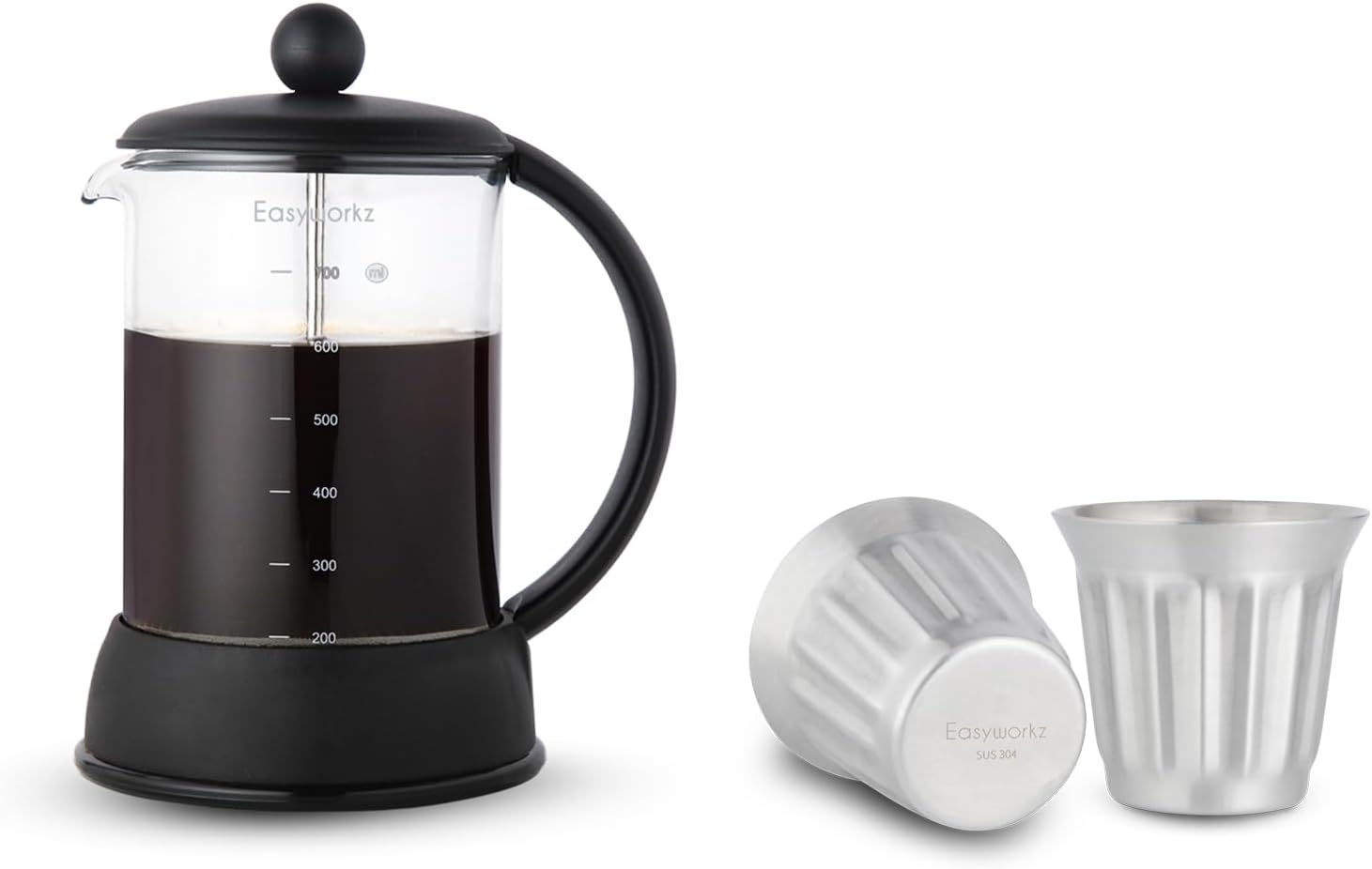 Easyworkz Eclipse French Press 27 oz, Bundled Stainless Steel Double-Wall Espresso Cups 5 oz Set of 2, Vertical Stripe Design, Brushed Silver