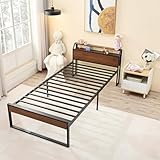 VECELO ベッドフレーム シングル 2口コンセント&USB充電付き スチールベッド 収納 宮棚付き パイプ シングルベッド 防錆 頑丈 安定性 耐久性 耐荷重300KG 組立簡単 お手入れ簡単 コンパクト梱包 レンチとドライバー付き 一人暮らし (ブラック&ブラウン, 98.5x219x71CM)
