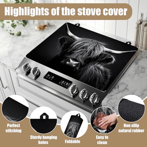 Image of Black Highland Cow Stove Top Covers for Electric Stove, Electric Gas Stove Pad Heat Resistant Range Cooktop Protector for Home Decor Kitchen 28 inchx20 inch