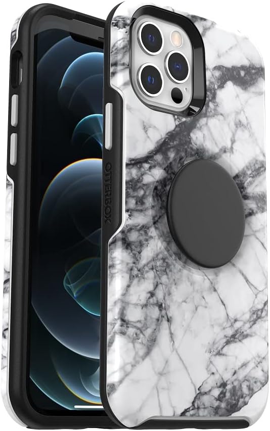 OtterBox + PopGrip Symmetry Series Case for iPhone 12 and iPhone 12 PRO (ONLY) - Retail Packaging - White Marble