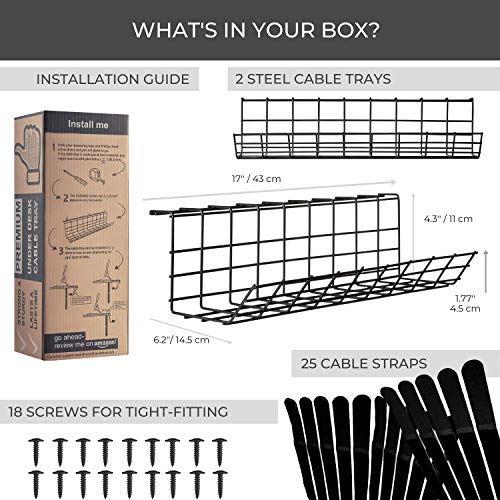 Under Desk Cable Management Tray - Under Desk Cable Organizer for Wire Management. Desk Cable Tray with 25 Extra Straps. Perfect Standing Desk Cable Management Rack (Black Wire Tray - Set of 2X 17'')