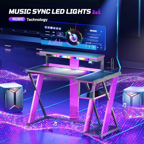 Image of Bestier Computer Desk with Music Sync Light, Flow Vibe Corner Gaming Desk with Monitor Stand and PS5 Storage Shelves, Cup Holders, and Headset Hooks for Bedroom Small Space (Black Purple, 42 Inch)
