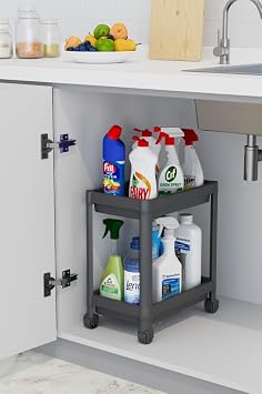 Orret Home 2 Katlı Tekerlekli Tezgah Altı Raf Organizer Düzenleyici Raf Ünitesi, Evye Altı Dolap İçi Düzenleyici, Mutfak Banyo Deterjanlık Şampuanlık Sebzelik,Taşınabilir Saklama Rafı (Gri)