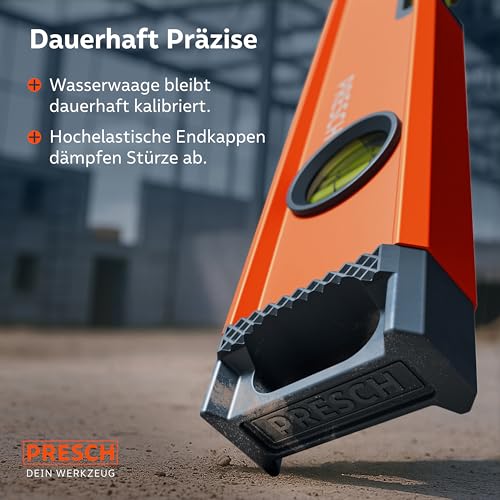Presch Wasserwaage 100cm - Bruchfeste Weitwinkellibelle inkl. 2% Gefälle-Anzeige - Vertical-View-Funktion dank Sichtfenster - Innovative Anti-Rutsch‑Endkappen & präzisionsgefräste Messfläche