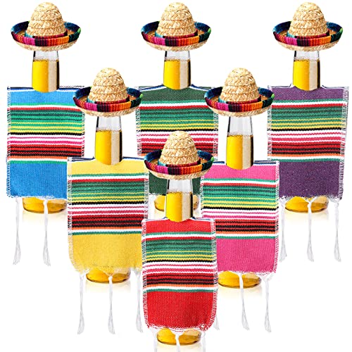 Panitay Mini Sombrero Hats Serapes for Bottles Decoration Fiesta Hats Bottles Topper Colorful Poncho Cover New Year Eve Cinco De Mayo Party Decoration(6 Sets)
