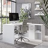 𝗩𝗢𝗥𝗧𝗘𝗜𝗟𝗘: Dieser Winkelschreibtisch bietet durch die Schublade im Sideboard sowie den Fächern im Regal genügend Stauraum für Schreibzubehör oder Aktenordner und ist dadurch ein praktischer Büro Organizer.