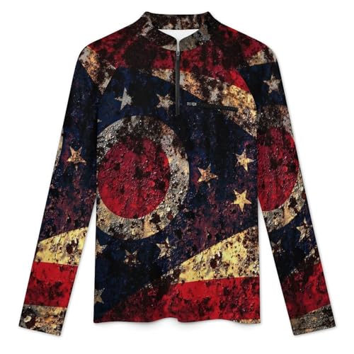 Retro Style Ohio Flag Men's Rash Guard Long Sleeves Quick Dry Fishing Workout Shirts with Zipper3
