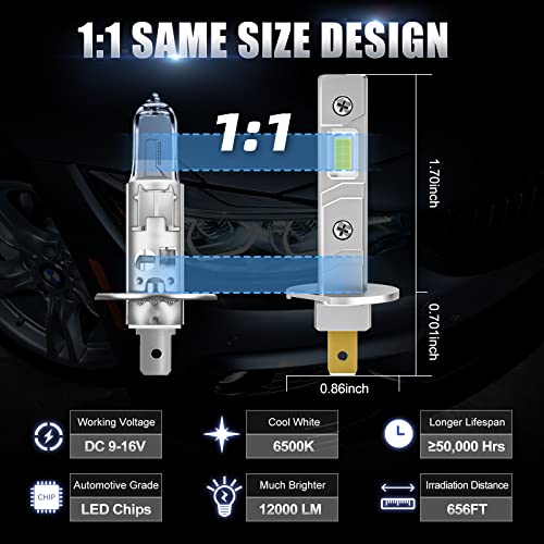 SUPAREE Bombilla H1 LED Lampara H1 Coche LED H1 Canbus LED H1 Antinieblas Plug and Play 12000LM Luz Blanca 6500K IP68 Impermeable 2Pcs