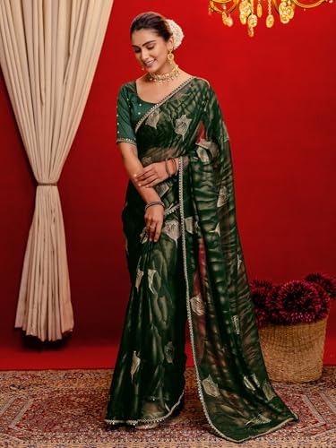 Image of SIRIL Women's Georgette Foil Printed Saree with Unstitched Blouse Piece