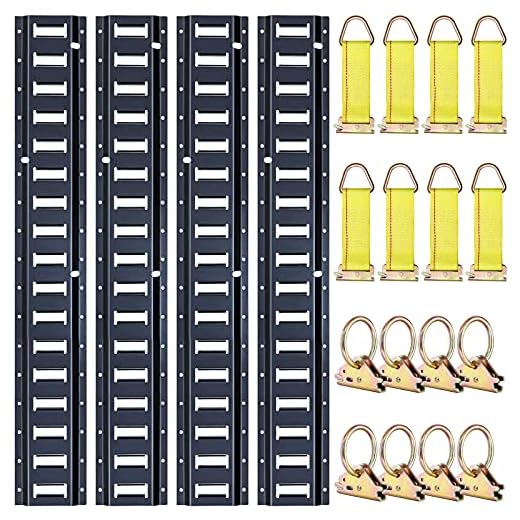 Trekassy 8ft Horizontal E-Track Tie-Down Rail Kit with 8 Steel O-Ring Anchors and 8 Rope Tie Offs for Truck Bed, Trailers