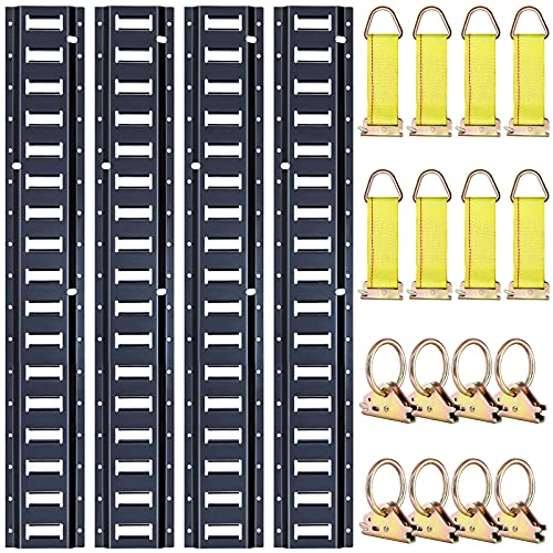 Trekassy 8ft E Track Tie-Down Rail Kit, 4 Pack 8' Etrack Rails with 16PCS E-Track Accessories Including 8 Steel O-Ring Anchors and 8 Rope Tie Offs for Truck Bed, Trailers