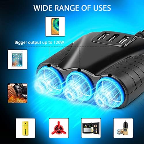Queiting Cigarette Lighter Adapter 120W 12V/24V 3-Socket Dc Power Car Splitter 3.1A Portable Charge Outlet Splitter with 3 USB Ports for Smartphone