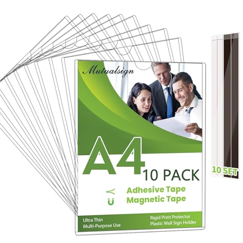 Set of 10, Wall Sign Holder A4 Magnetic Sign Holder, Rigid Print Protectors with Adhesive & Magnetic Tapes, Wall Mount Plastic Paper Holder for Office Store Home Window Display