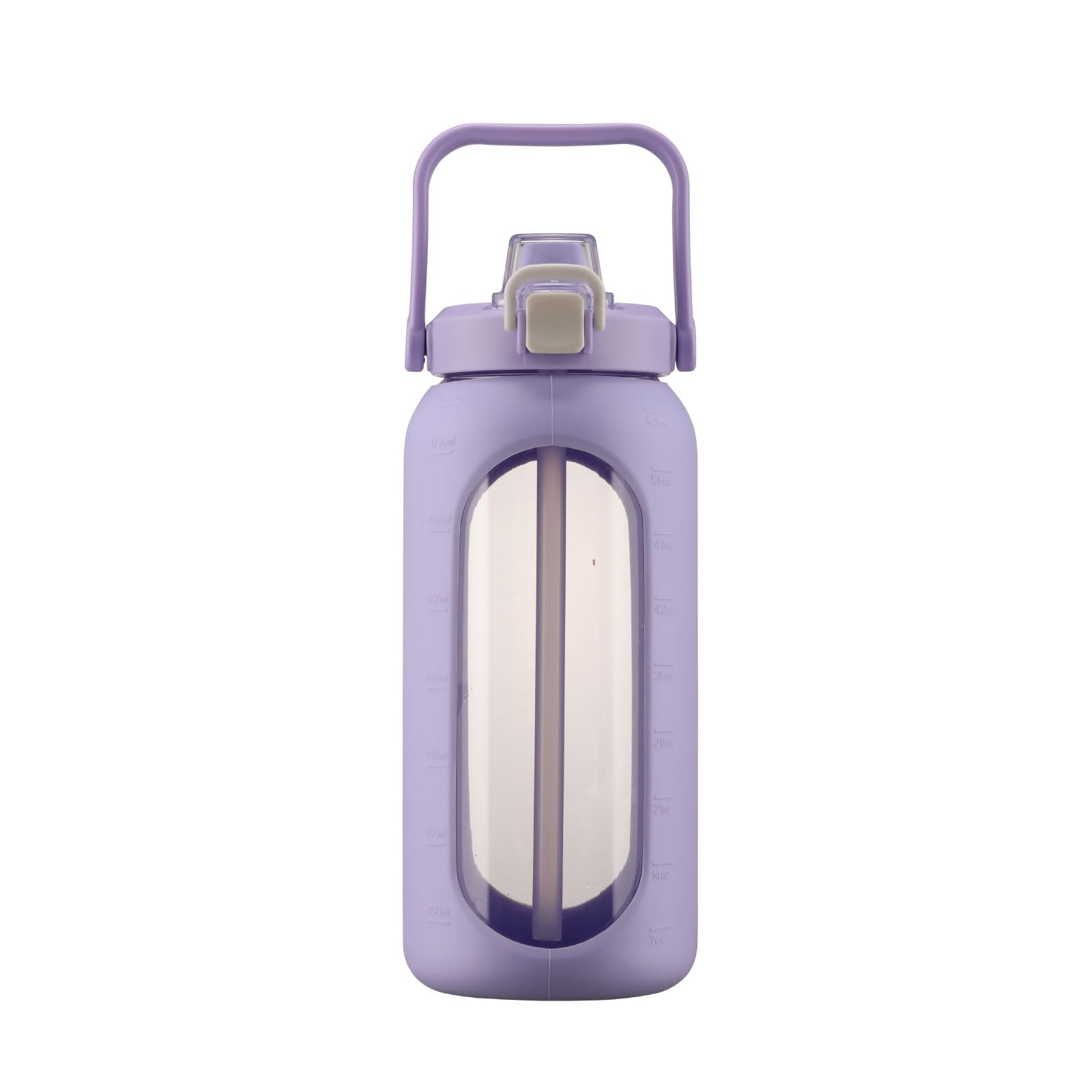 BLUEGO 2L Water Bottle with Straw and Handle, Borosilicate Glass Drinking Bottle with Silicone Sleeve for Sports and Travel, Leak Proof, BPA Free, Purple