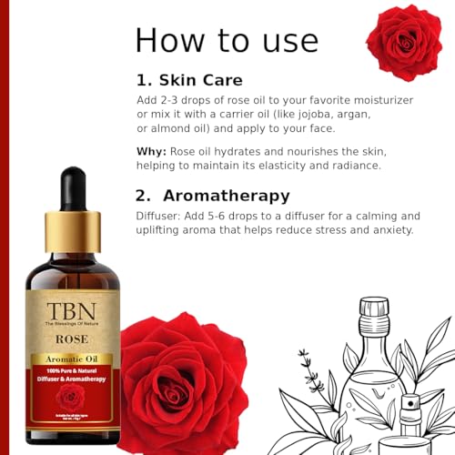 Image of TBN 100% Pure and Natural Rose Aromatic Essential Oil For Skin, Hair | Best for Aromatherapy | Helps in meditation | Used in Diffusers, Candles, Air Fresheners - 15ML