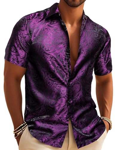Plum Purple Men's Silk Shirts Short Sleeve Hawaiian Designer Button Down Paisley Shirt Casual Beach Summer Party Vacation