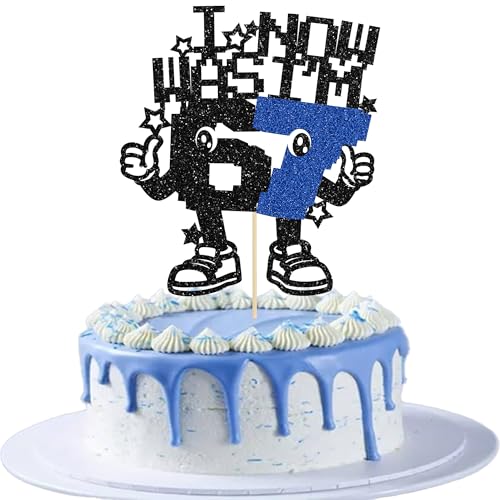 Ephlyn 1Pc I WAS 6 NOW IM 7 Cake Topper Glitter Block 6 7 Birthday Decorations Cake Decor for Boy Girl 7 Years Old 67 Happy Birthday Party Supllies Dark Blue