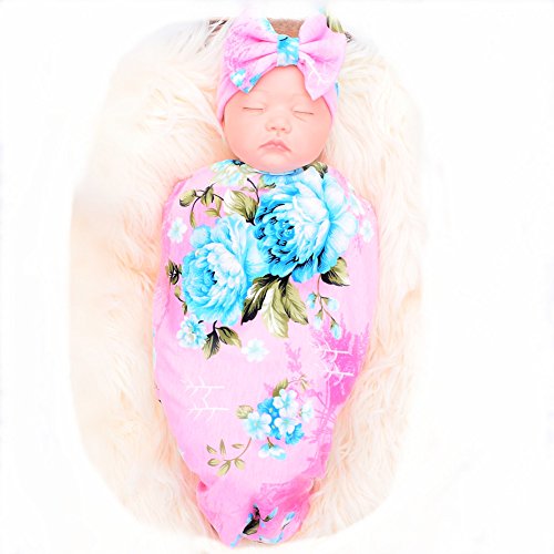 Newborn Receiving Blanket Headband Set Flower Print Baby Swaddle Receiving Blankets Galabloomer - Thumbnail 4