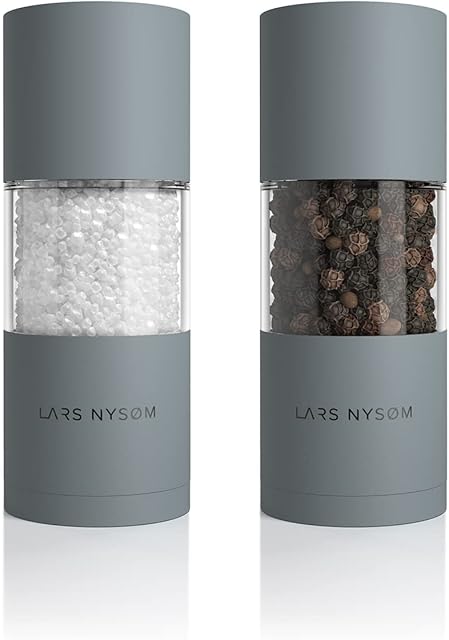 LARS NYSØM Stainless Steel Salt and Pepper Mills Set with Adjustable Ceramic Grinder 2 Pieces I Design Spice Mills Set Manual (Set of 2, Cool Grey)