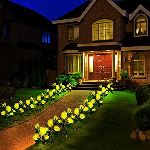 Solar Lights Outdoor Garden, Garden Light Solar Powered with 8 Rose Flowers Garden Ornaments, 2 Pack Yellow Outside Waterproof Solar Garden Lighting for Christmas Gift Valentines Gifts for him