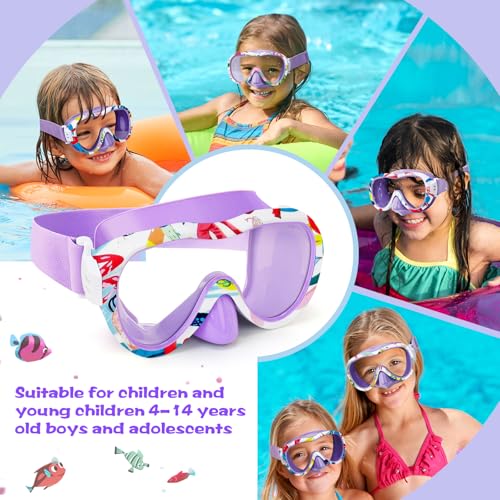 Kids Swim Goggles with Nose Cover, 180° Panoramic Snorkel Mask with Anti-Fog & Anti-Leak Design, Comfort Fabric Strap UV Protection Lens for Boys Girls Ages 3-15 by WAVE - Image 3