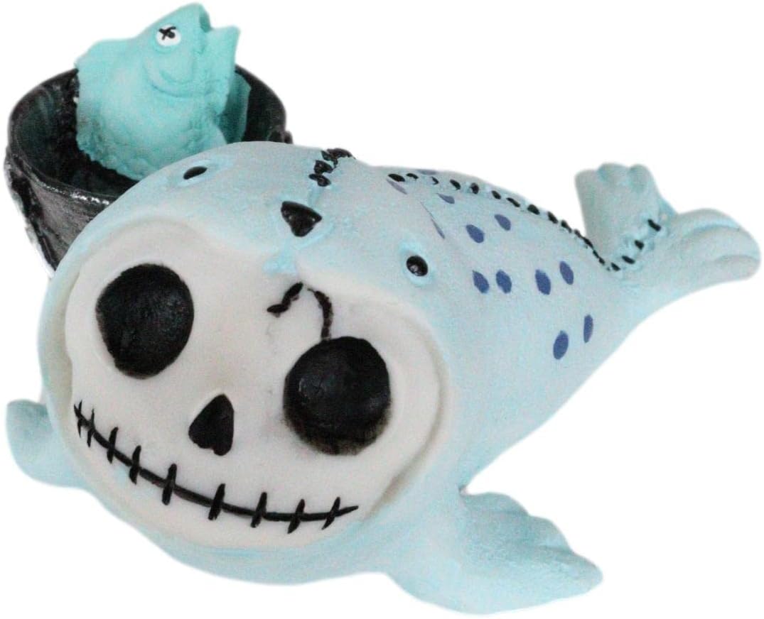 Ebros Gift Nautical Marine Furry Bones Rollie The Seal with A Bucket of Fish Skeleton Monster with Voodoo Costume Collectible Small Sit Up Figurine Halloween Macabre Furrybones Collectible